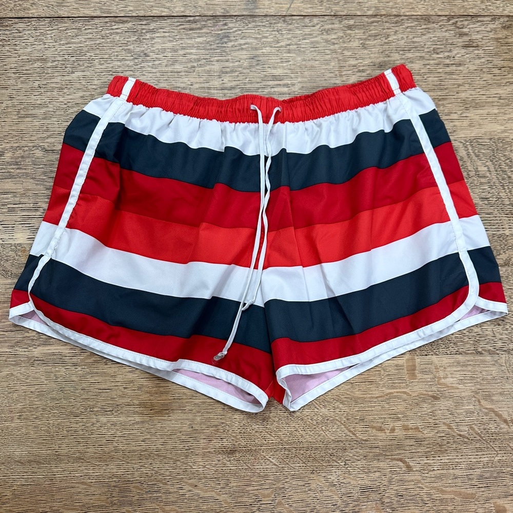 Athleta Red and Gray Striped Brief Lined Shorts Swim Running size Large